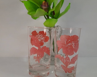 Vintage 1940s, Federal Glass Co. Pink Hibiscus Juice Glasses, Vintage Glasses, Vintage Drinking Glasses, Federal Glass Glasses, Barware