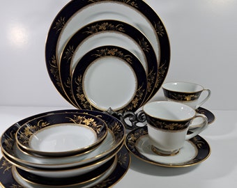 Noritake Legacy Mandalay 3393 2 Soup Bowls Pieces Gold on Cobalt Blue Mint