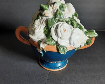 Sakura, Ceramic Tea Pot, Warren Kimble Brandon, Rose Blue White Flowers Hand Painted, Made in China,