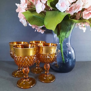 Vintage Amber Dimond Cut Glass Wine /Water Goblets, Vintage Glass, Vintage Wine Glasses, Vintage Goblets, Amber Glass