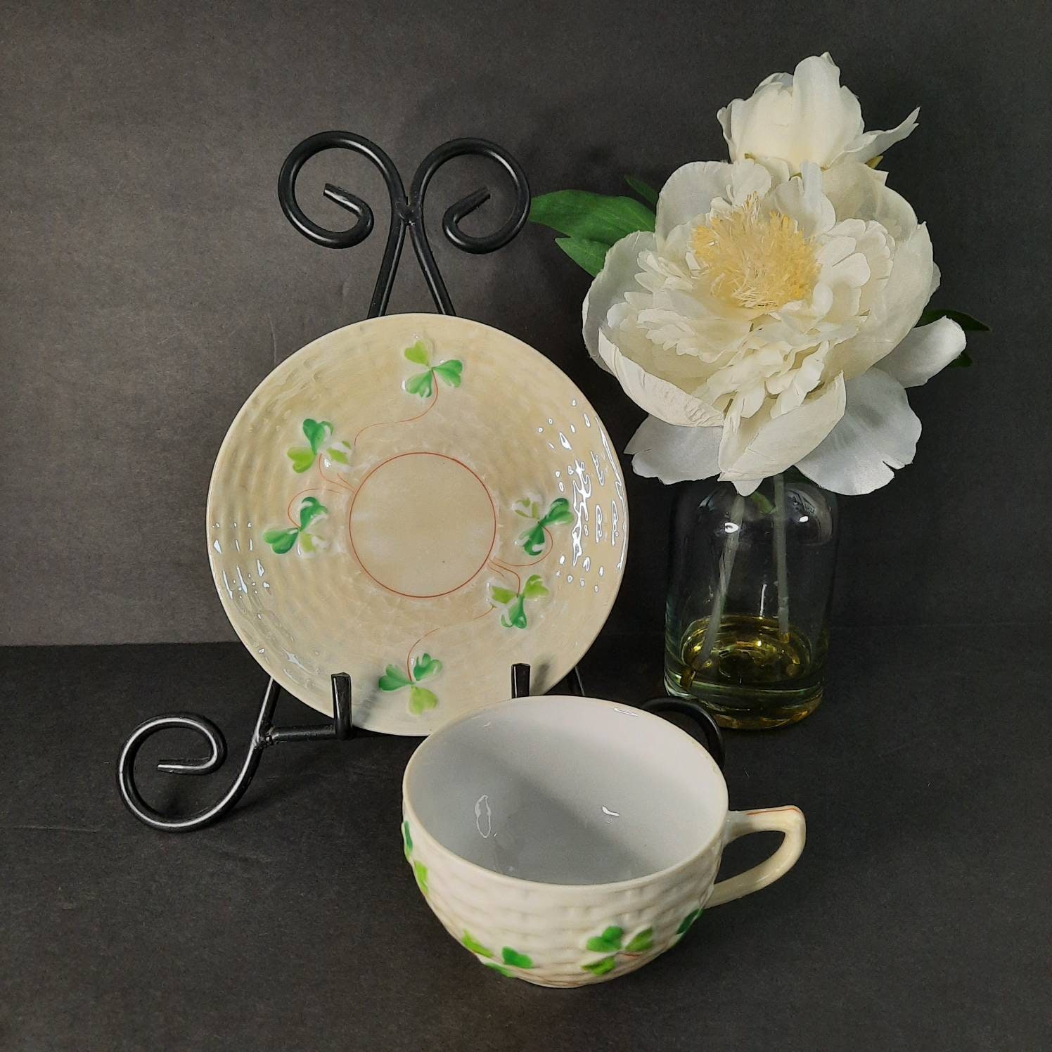 Belleek-like Teacup Made in Japan, Shamrock Pattern, Light