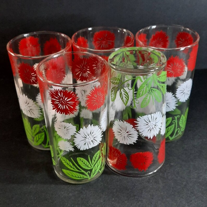 Vintage Swanky Swig Juice Glasses: Red & White Daisies, Set of 5 - Etsy