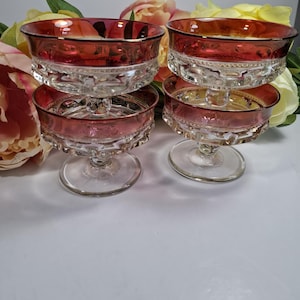 Set of 4 Vintage Sherbet/Dessert Glasses by Indiana Glass Co, Kings Crown, Cranberry Red Flash Glass