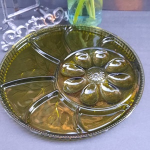 Vintage Indiana Glass Olive Green Deviled Egg Hors D&#39;Oeuvre Tray 13&quot; Platter Plate Tray. Great Condition, No Chips, No Cracks.