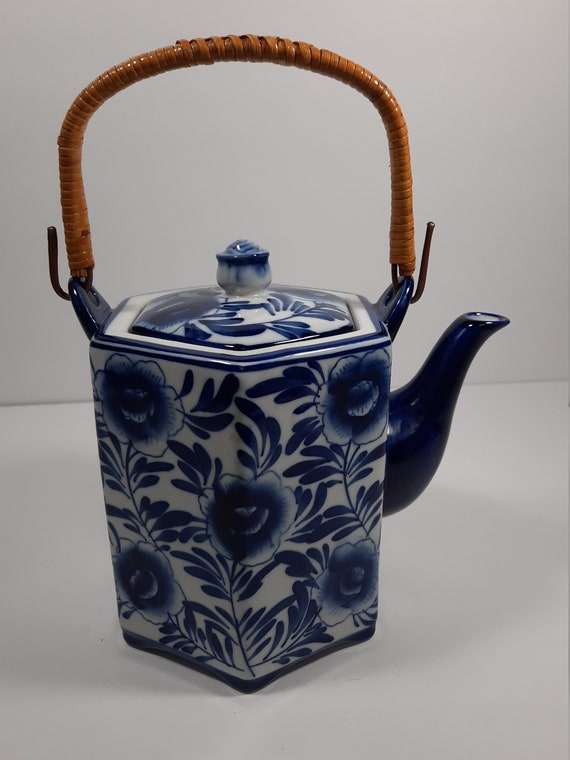 Bombay Blue Porcelain Teapot With Bamboo Handle Made in China Etsy