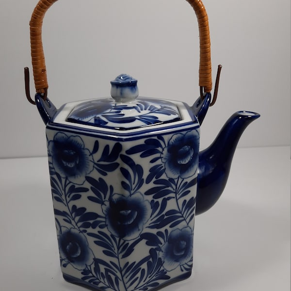 Bombay Blue Porcelain Teapot with Bamboo Handle Made in China