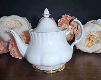 Vintage Teapot by Royal Albert Bone China England &quot;VAL D&#39;OR&quot; White Gold