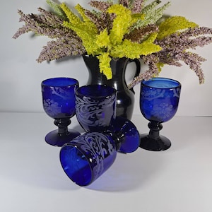 Cobalt Blue Heavy Hand Blown Wine Goblets, 4 Pcs, Some Bubbles and Crafting Imperfections, Dinnerware, Glassware, Stemware