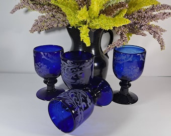 Cobalt Blue Heavy Hand Blown Wine Goblets, 4 Pcs, Some Bubbles and Crafting Imperfections, Dinnerware, Glassware, Stemware