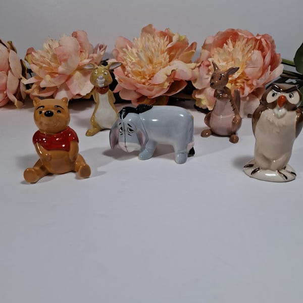 Vintage Set of 5 Winnie The Pooh Walt Disney Prod Beswick Porcelain Figurines, Made in England, Rabbit, Kanga, Eeyore, Owl and Pooh.