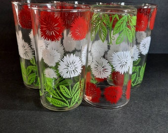 Vintage Red and White Daisies, Swanky Swig Juice Glasses, Vintage Glasses, Vintage Juice Glasses, 1950s Juice Glasses, 5 Pcs.