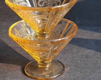 Vintage Golden Yellow Depression Glass Madrid by Federal Glass Footed Dessert Dishes Bowls