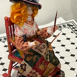 Miniature witch,  12th scale witch, quilting doll, miniature doll, dollhouse ooak, quilting witch