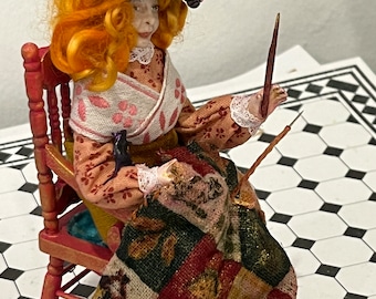 Miniature witch,  12th scale witch, quilting doll, miniature doll, dollhouse ooak, quilting witch