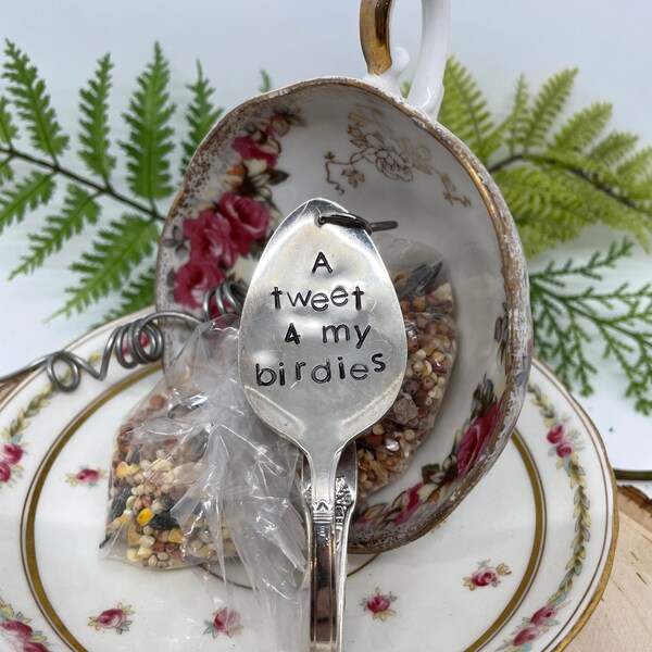 Vintage Tea Cup Bird Feeders with #handstamped #vintage #silverware #birdfeeder #vintageteacup #birdlover #birdwatcher #fathersday #papa