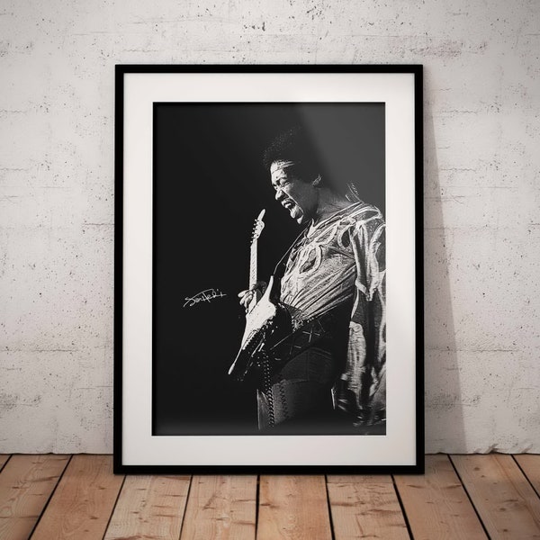 Jimi Hendrix Poster avec signature - Legend Guitarist Wall Art - Rock n Roll Music Print - Electric Artwork Design - Black White Printed