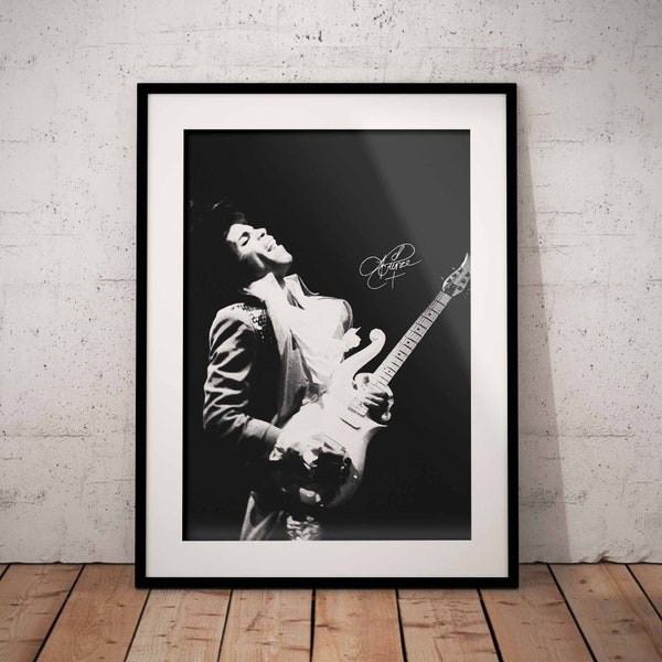Prince Poster with signature - Prince Rogers Nelson Art Print - Rock Music Wall Design - Black White Artwork  - Electric Guitar Player