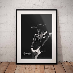 Stevie Ray Vaughan with signature Print - Guitarist Wall Art - Rock Music Poster - Double Trouble Printed Artwork - Black White Design