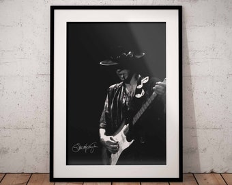 Stevie Ray Vaughan with signature Print - Guitarist Wall Art - Rock Music Poster - Double Trouble Printed Artwork - Black White Design