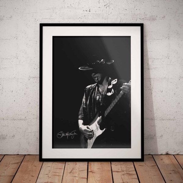 Stevie Ray Vaughan with signature Print - Guitarist Wall Art - Rock Music Poster - Double Trouble Printed Artwork - Black White Design