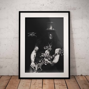 Slash Poster with signature - Guns N' Roses Art Print - Rock Music Wall Design - Black White Artwork Printed - Electric Guitarist