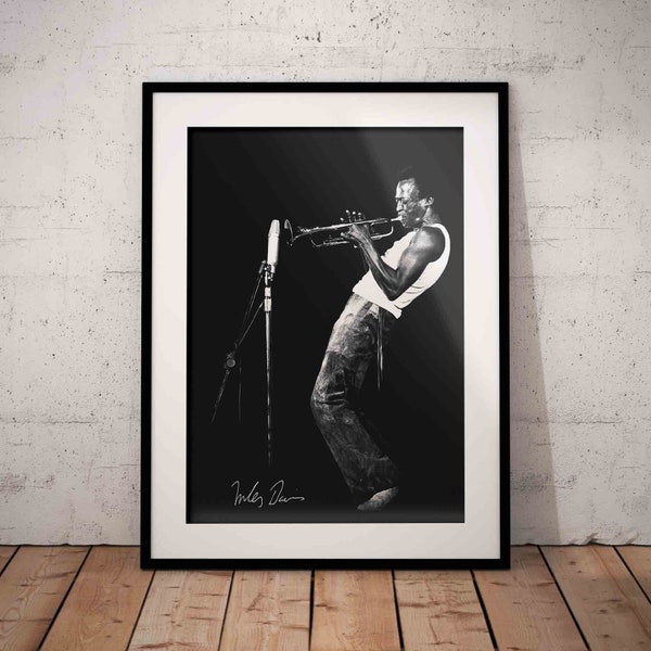 Miles Davis Poster with signature - Jazz Music Art Print - Trumpeter Wall Décor - Black White Artwork -Printed Wall Art