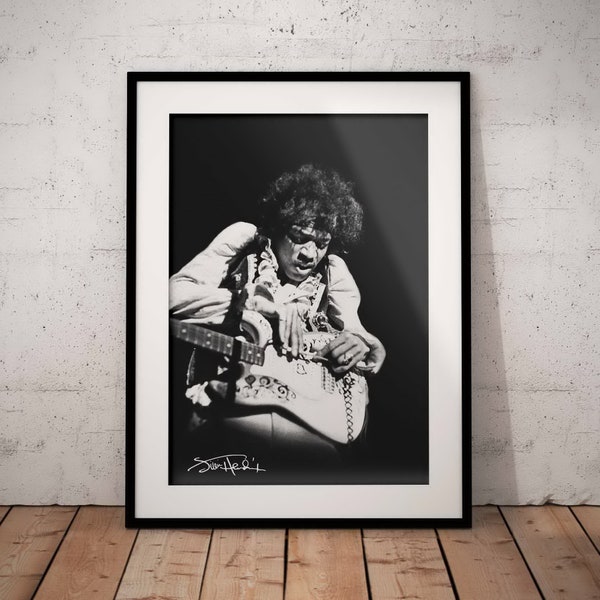 Jimi Hendrix Art Print - Affiche de guitariste électrique avec signature - Rock n Roll Music Wall Design - Black White Artwork Imprimé