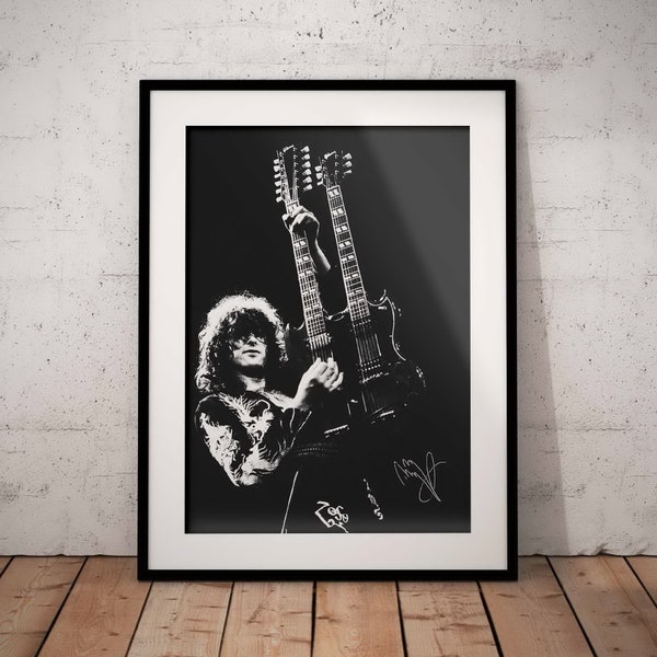Jimmy Page Poster with signature - Led Zeppelin Art Print - Rock Music Wall Design - Black White Artwork Printed - Electric Guitarist