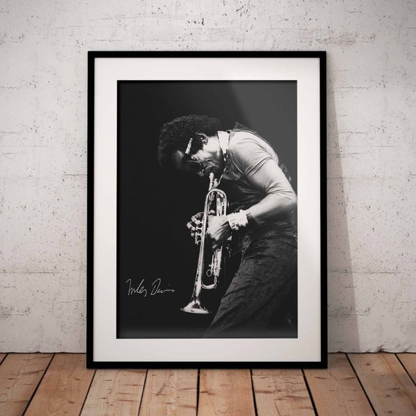 Miles Davis Art Print with signature - Jazz Music Poster - Trumpet Wall Design - Black White Artwork Printed