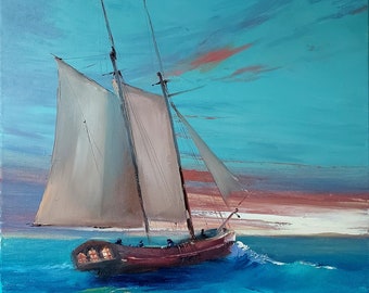 Peinture à l'huile sur toile "Yacht à voile au coucher du soleil" 40 x 60 cm