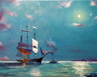 Peinture à l'huile sur toile "Voilier au clair de lune" 50 x 70 cm