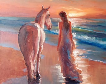 Oil painting, hand-painted on canvas, sunset, female figure with horse, sea, original with signature, unique piece, wall decoration