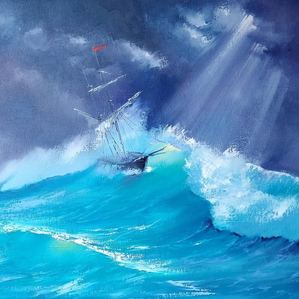 Ölgemälde "Segelschiff bei Sturm" auf Leinwand gemalt 50x60cm