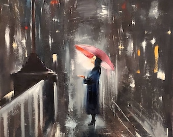 Original oil painting "Female figure in the rain", 50 x 70 cm, oil on canvas