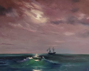 Dipinto ad olio con veliero, paesaggio marino al chiaro di luna in mare, originale