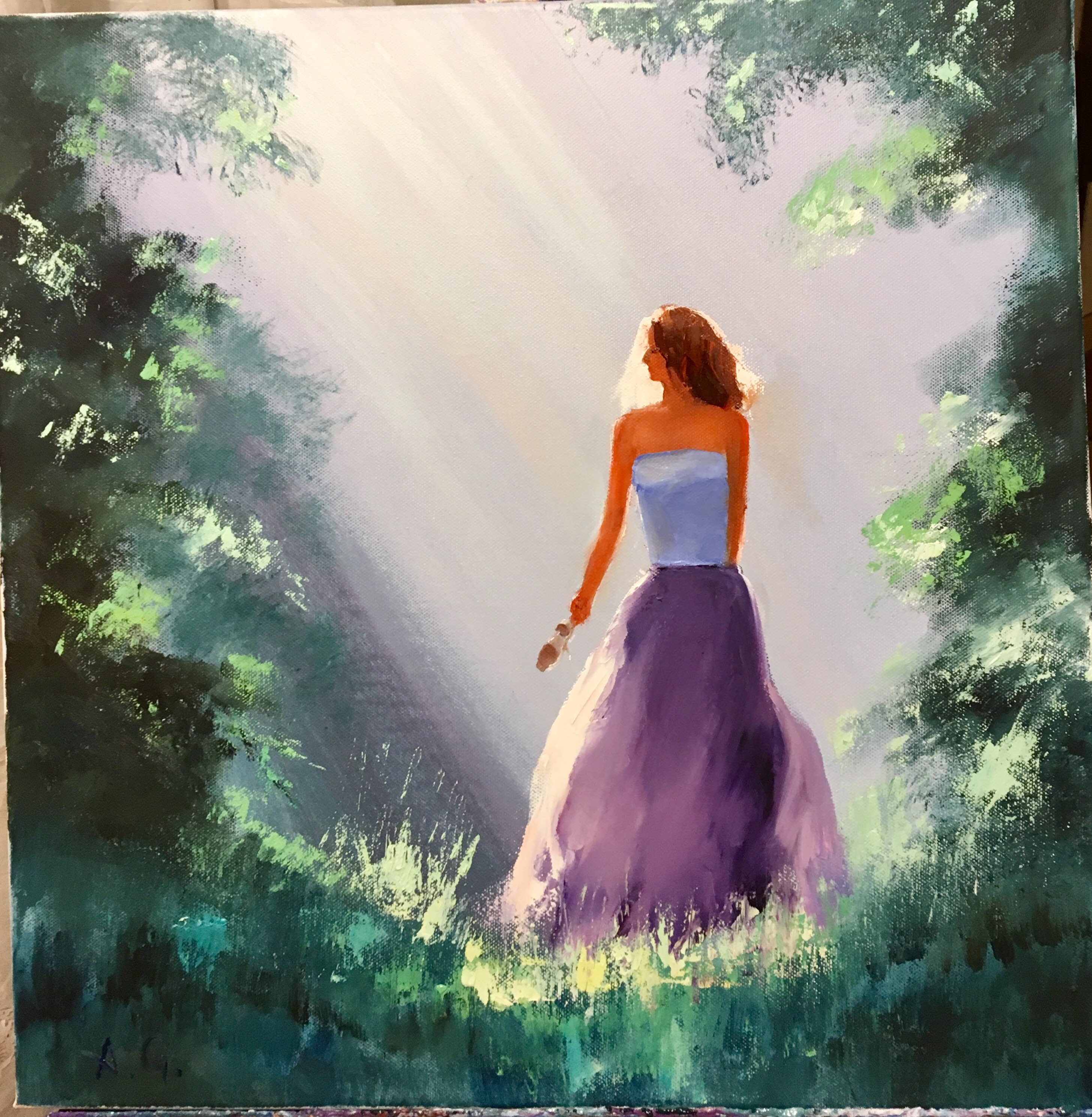キャンバスに手描きされた油絵、女性像、50 x 50 cm、署名入り 