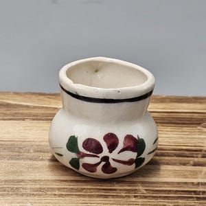 May include: A small white ceramic pot with a floral design. The pot has a dark brown rim and a single red flower with green leaves.