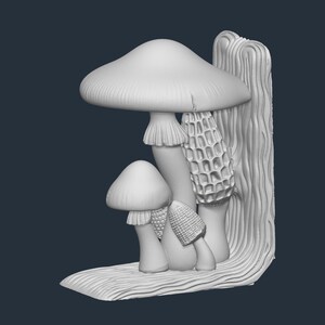 May include: A white mushroom-themed bookend. The bookend features several mushroom varieties, including a large cap mushroom, a morel, and others, all in a detailed, textured design. The bookend is designed to stand upright and support books.