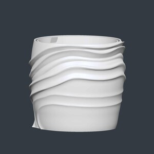 May include: A white, cylindrical planter with a unique design. The exterior features a series of horizontal, wave-like ridges that wrap around the planter. The top rim is smooth, and the overall aesthetic is modern and minimalist.
