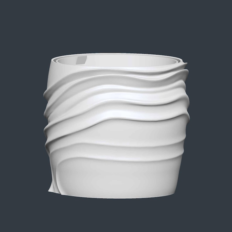 May include: A white, cylindrical planter with a unique design. The exterior features a series of horizontal, wave-like ridges that wrap around the planter. The top rim is smooth, and the overall aesthetic is modern and minimalist.