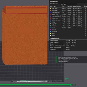 May include: A 3D-printed, orange-colored book-shaped object with a skull design on the cover. The object is displayed on a dark grid background, with a slicing result chart visible on the right side. The object's size is 6.08 x 2.30 x 7.95 inches.