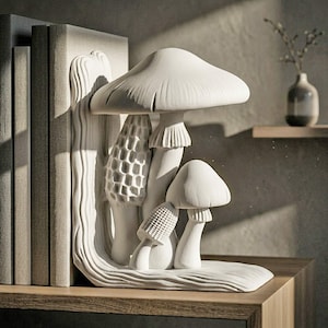 May include: White mushroom-shaped bookends with detailed textures, including a large cap and various mushroom types. The bookends are placed on a wooden surface next to a stack of books, creating a decorative and functional item for home decor.