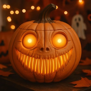 May include: A carved orange pumpkin with glowing yellow eyes and a wide, toothy grin. The pumpkin has a dark brown stem and is lit from within, creating a spooky Halloween decoration. The background features blurred lights and a ghost.