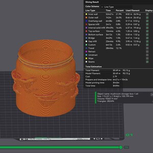 K&ouml;nnte beinhalten: Eine orangefarbene, 3D-gedruckte Aufbewahrungsbox in Pilzform mit Deckel und Griffen. Die Box misst 115,221 x 118,663 x 100,199 mm. Das Bild zeigt das Slicing-Ergebnis mit Farbschema und Linientyp-Informationen.