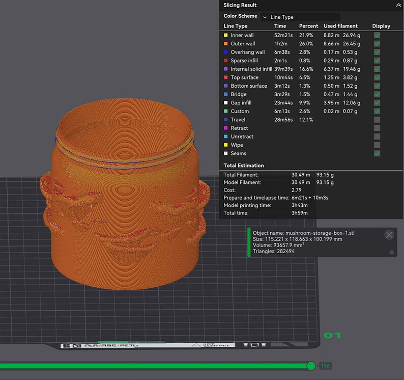 K&ouml;nnte beinhalten: Eine orangefarbene, 3D-gedruckte Aufbewahrungsbox in Pilzform mit Deckel und Griffen. Die Box misst 115,221 x 118,663 x 100,199 mm. Das Bild zeigt das Slicing-Ergebnis mit Farbschema und Linientyp-Informationen.