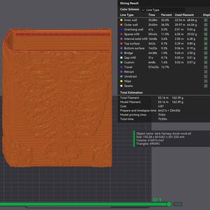 May include: A 3D-printed dark orange book nook with intricate embossed designs. The object is a fantasy-themed bookend, measuring approximately 6.11 inches wide, 7.92 inches tall, and 2.36 inches deep. The image also shows slicing results.