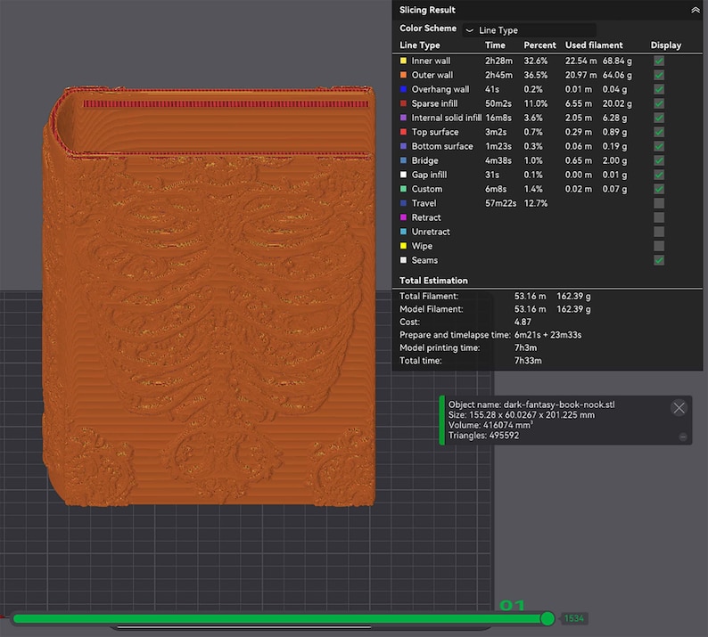 May include: A 3D-printed dark orange book nook with intricate embossed designs. The object is a fantasy-themed bookend, measuring approximately 6.11 inches wide, 7.92 inches tall, and 2.36 inches deep. The image also shows slicing results.