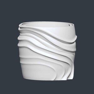 May include: A white, cylindrical vase with a unique, flowing wave design. The vase has a smooth, matte finish and a wide opening. The exterior features a series of curved, overlapping lines, creating a textured, sculptural effect. The overall design is modern and minimalist.