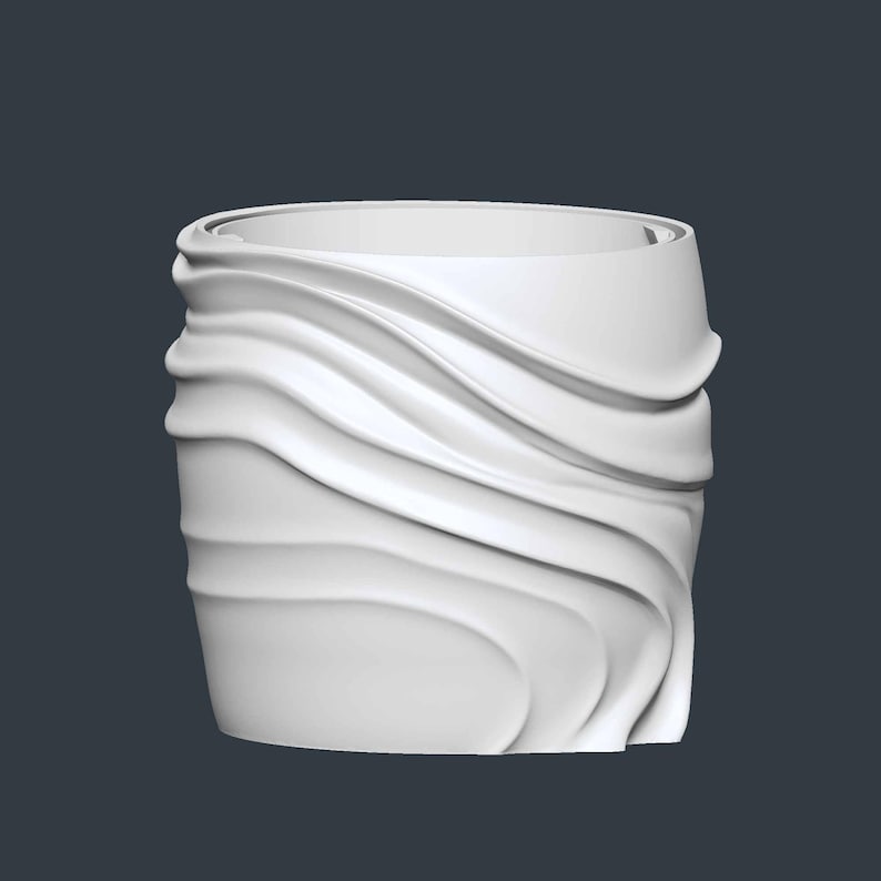 May include: A white, cylindrical vase with a unique, flowing wave design. The vase has a smooth, matte finish and a wide opening. The exterior features a series of curved, overlapping lines, creating a textured, sculptural effect. The overall design is modern and minimalist.
