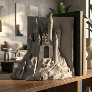 May include: A gray castle bookend sculpture with multiple turrets and a stone facade. The castle sits atop a rocky base, with a flat back to hold books. The bookend is displayed on a wooden surface.